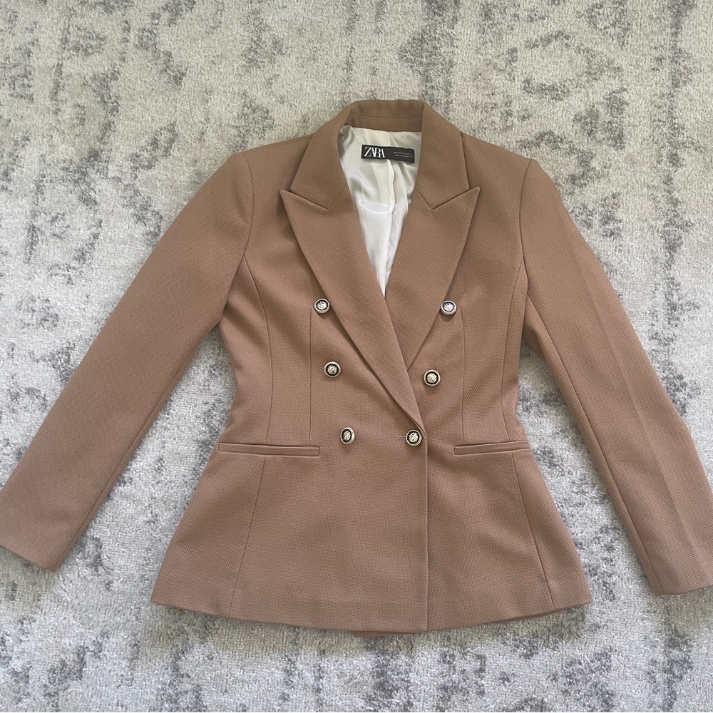 Like New Zara Tailored Double Breasted Taupe Brown Blazer Size Small